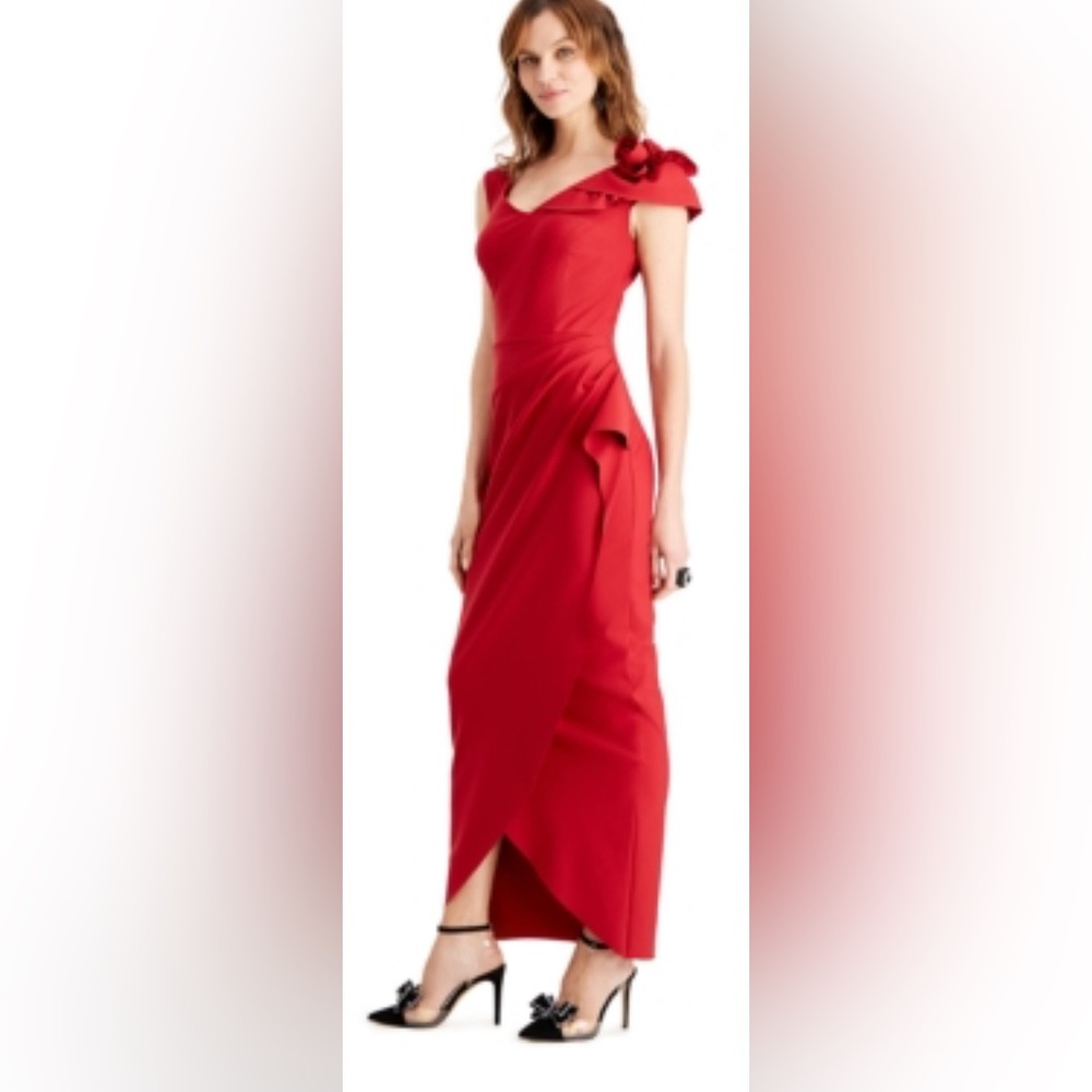 Alex Evenings Size 12  Red Sleeveless V-Neck Rosette Shoulder Ruched Sides